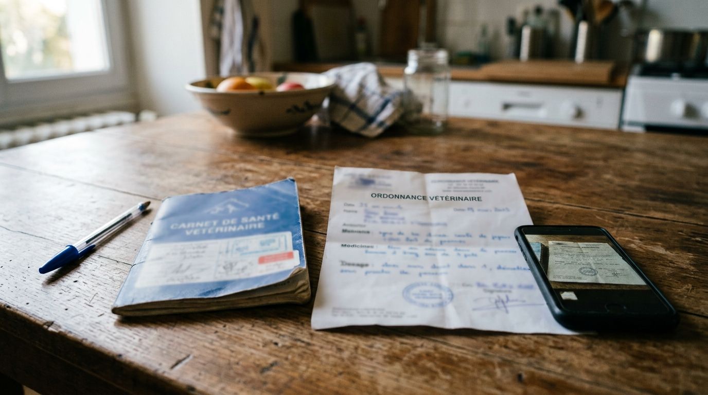 Ordonnance vétérinaire et carnet de santé posés sur une table de cuisine