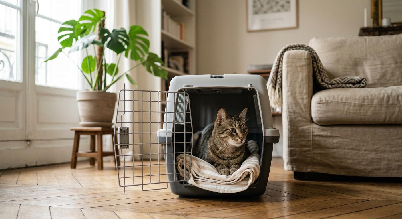 Caisse de transport laissée ouverte au sol, dans laquelle un chat s'installe de lui-même