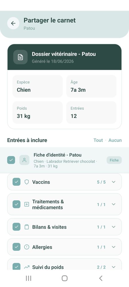 Dossier de santé d'un animal dans l'application 2SIRE
