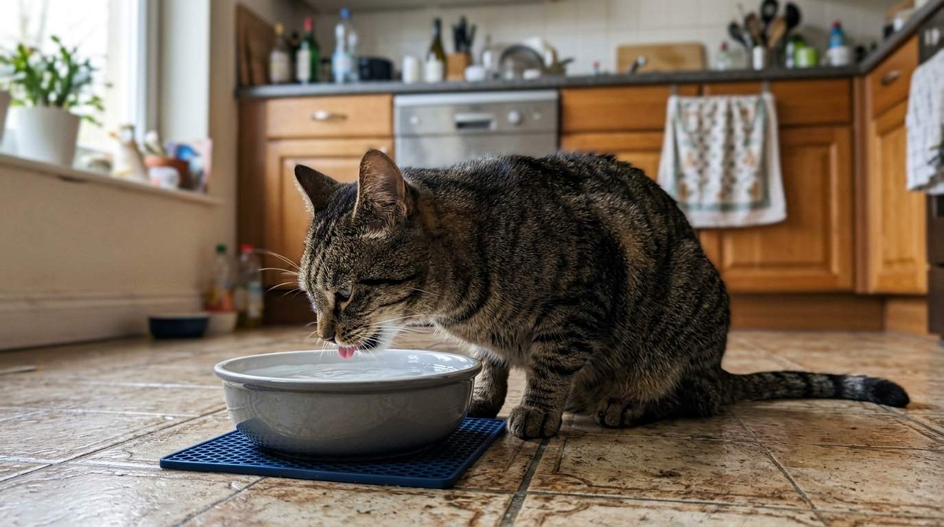 Chat penché au-dessus de sa gamelle d'eau dans une cuisine