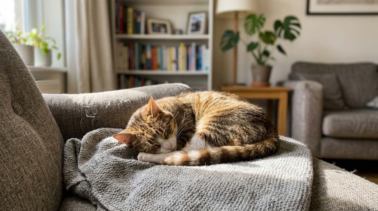 Chat endormi en boule sur un canapé, dans la lumière d'une fenêtre