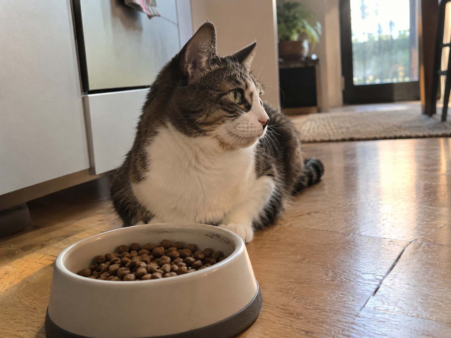 Chat assis devant sa gamelle pleine, sans y toucher