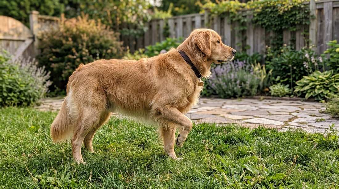 Chien debout dans un jardin, une patte avant à peine posée au sol