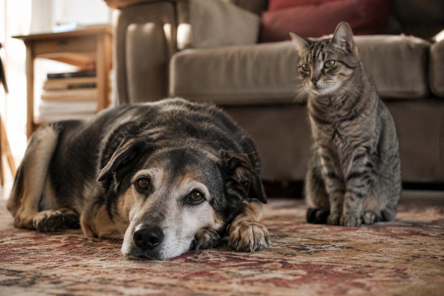 Chien âgé au museau grisonnant couché sur un tapis, à côté d'un chat âgé assis près de lui