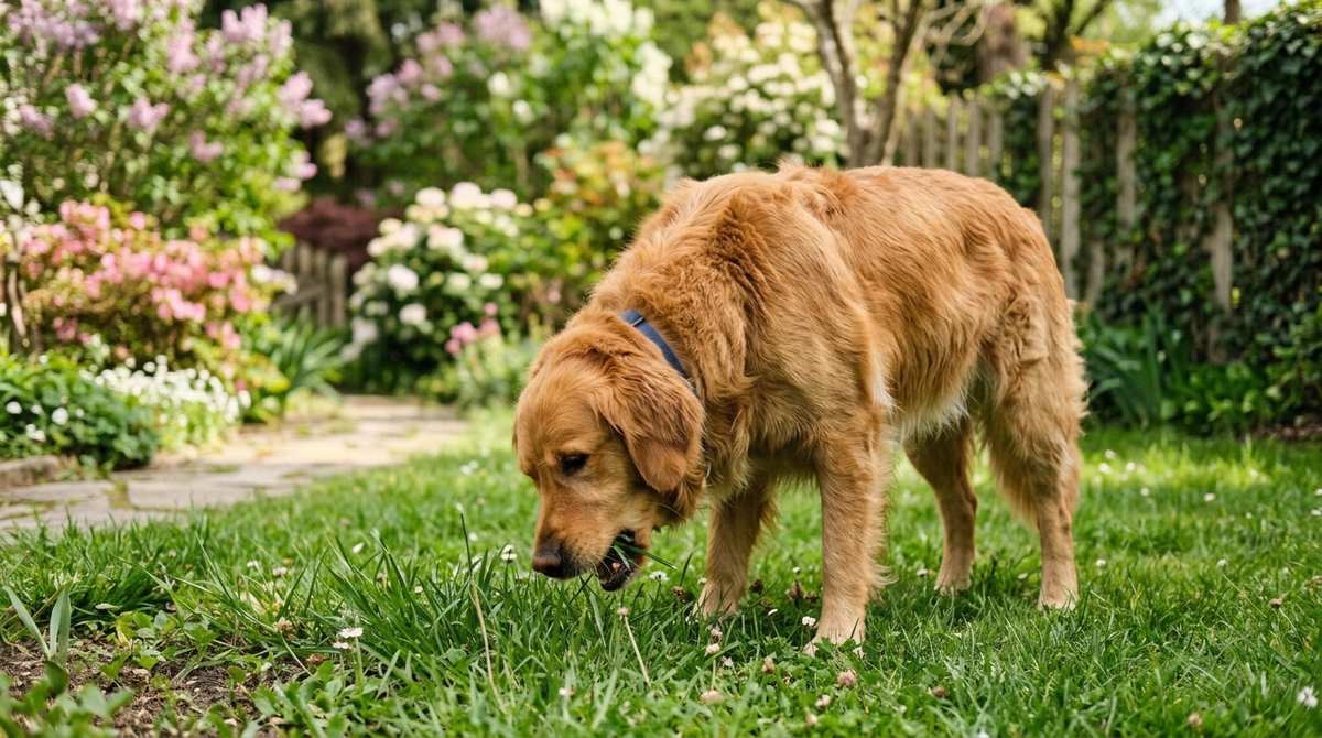 Chien qui broute quelques brins d'herbe dans un jardin