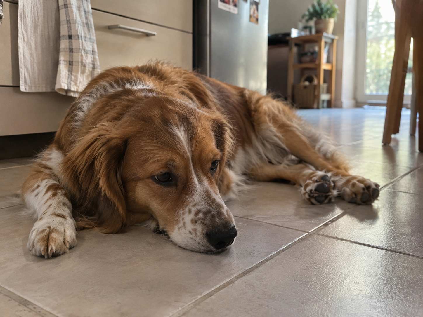 Chien couché sur le carrelage d'une cuisine, museau bas, l'air abattu