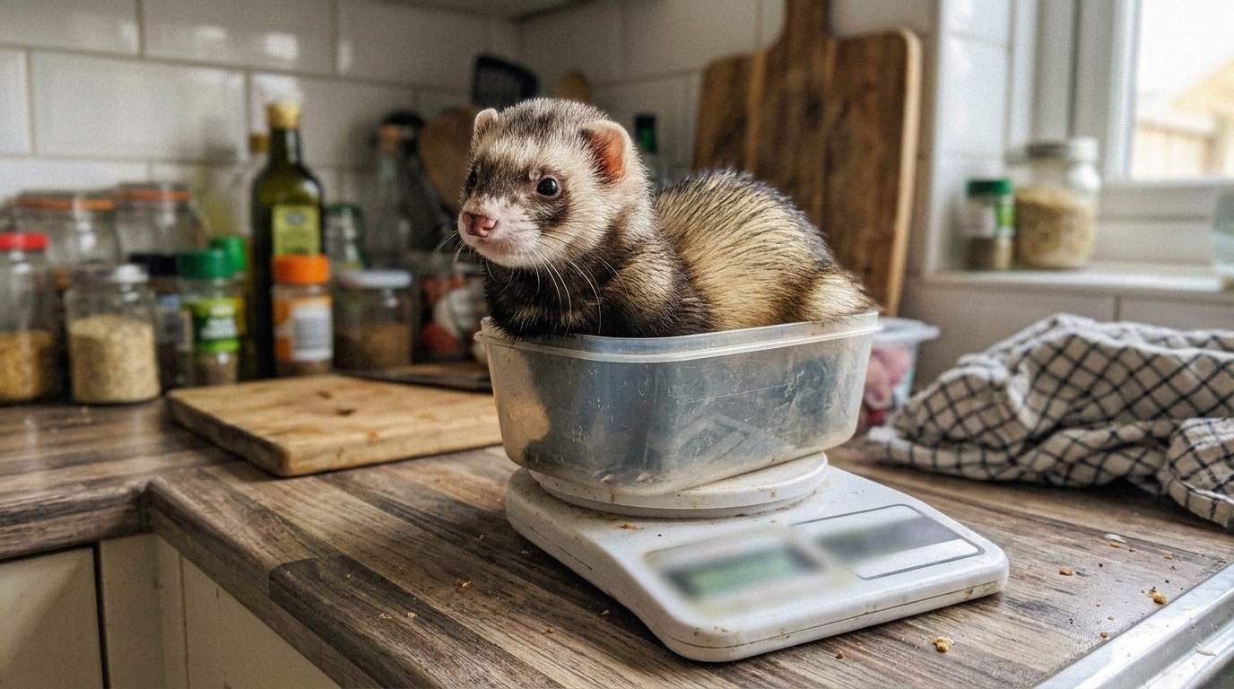 Furet posé sur une balance de cuisine, dans son environnement habituel