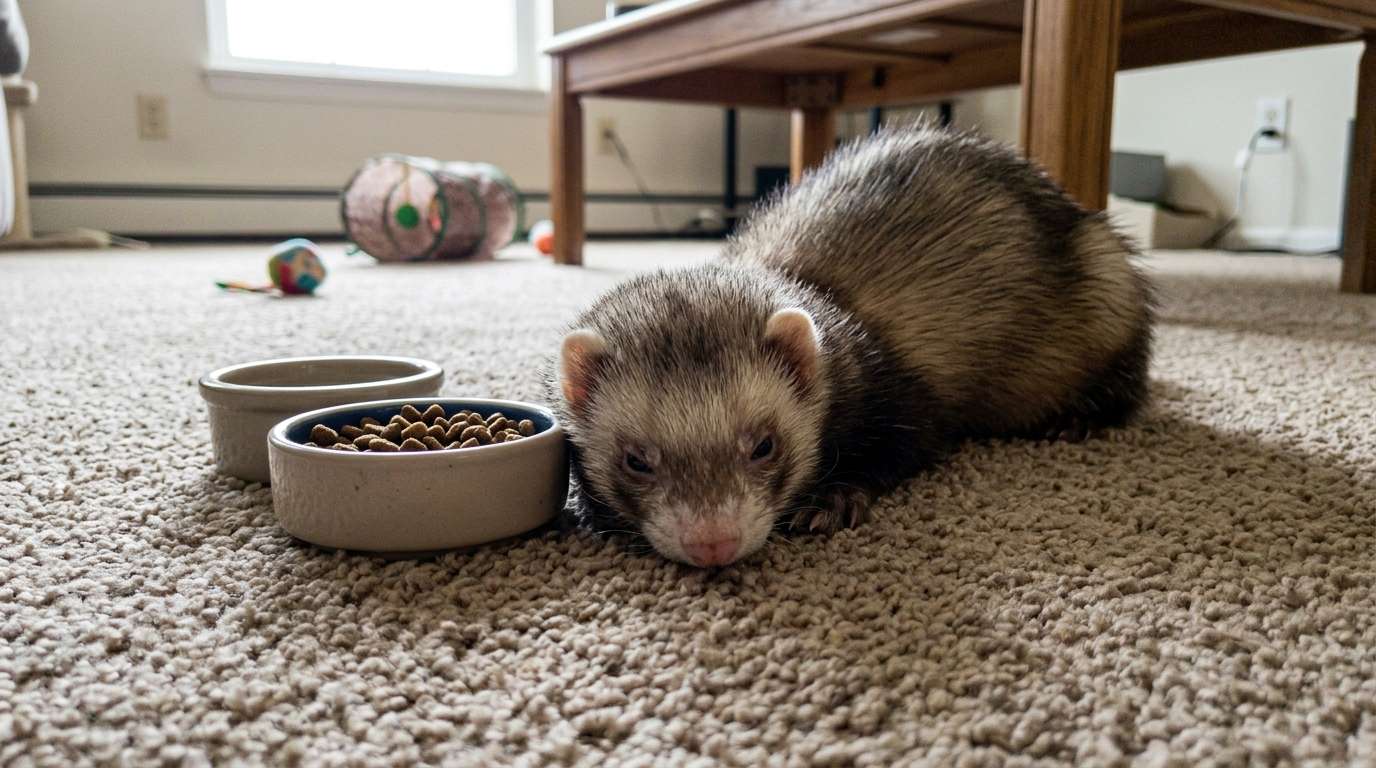 Furet immobile devant sa gamelle pleine, dans son enclos