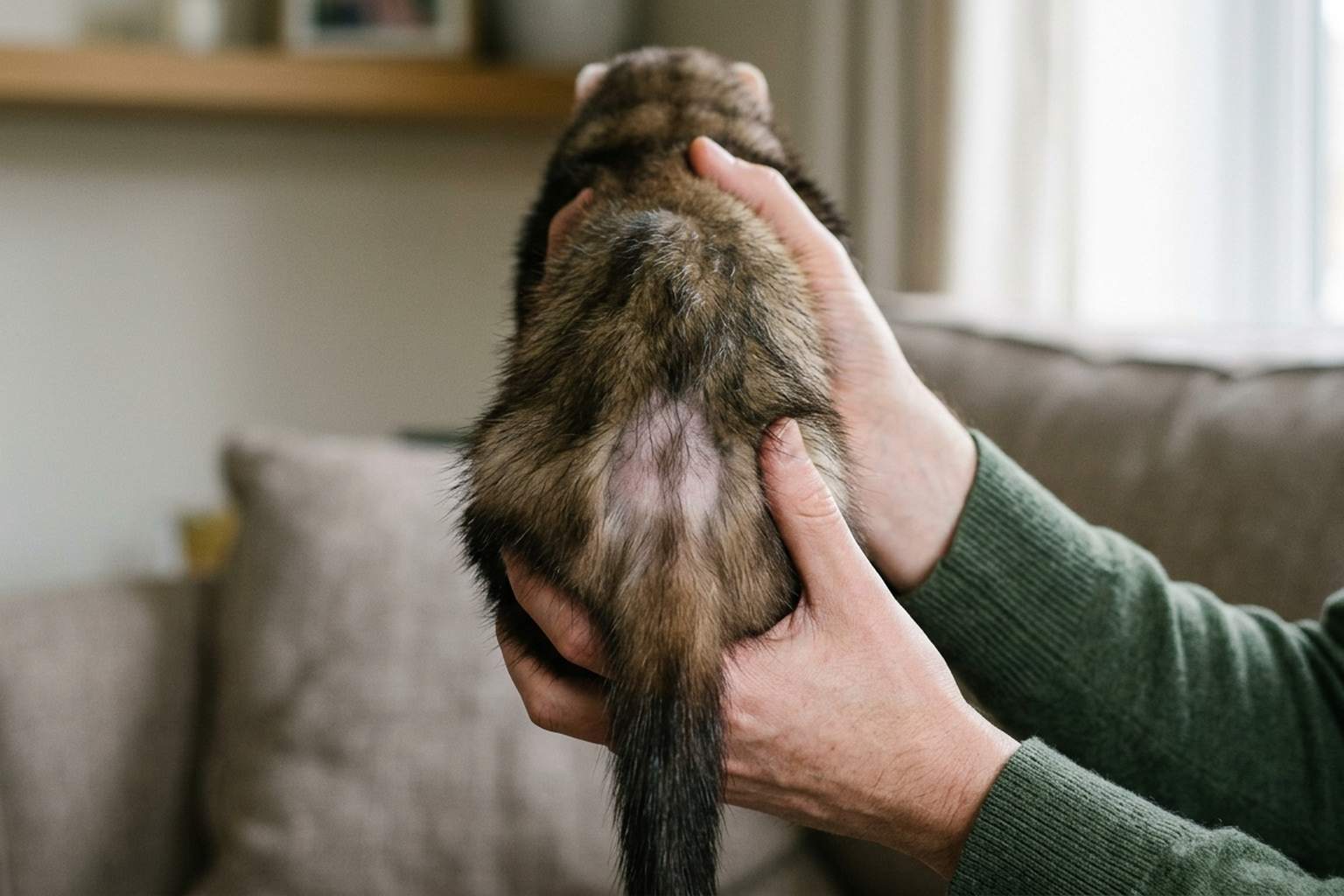 Furet tenu doucement dans les mains, vu de dos, laissant apparaître la base de la queue et le bas du dos
