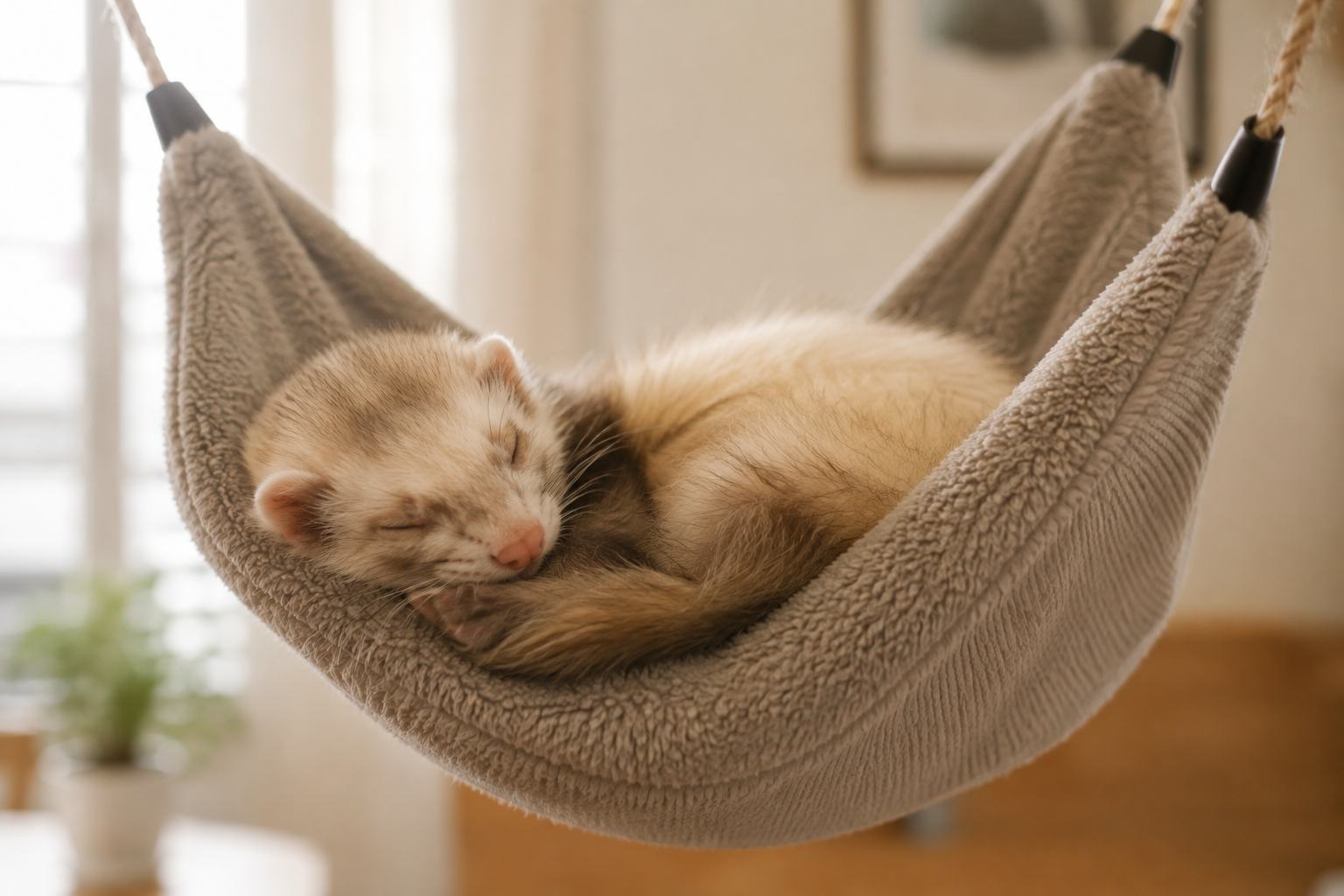 Furet endormi profondément dans son hamac, sommeil normal de l'espèce