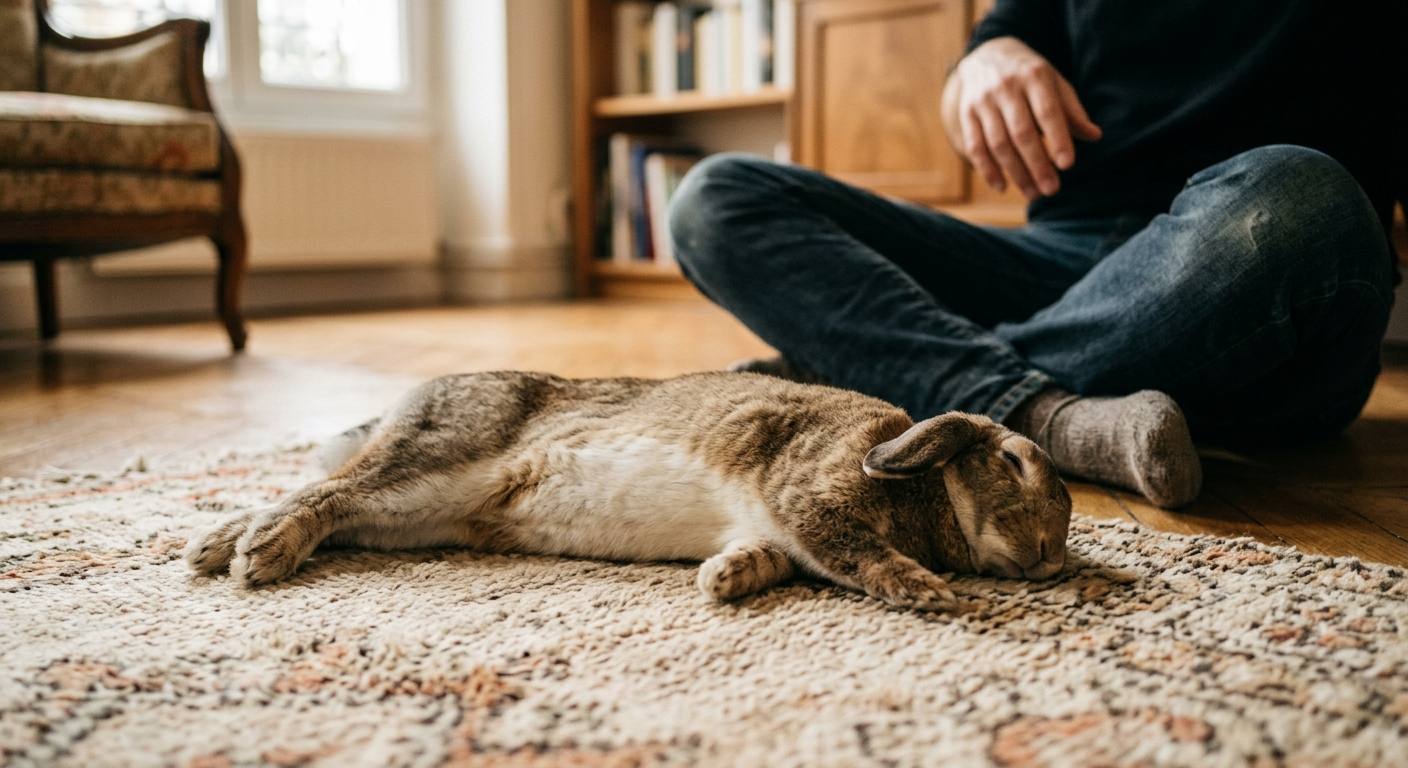 Lapin allongé de tout son long près de son propriétaire, posture de confiance totale