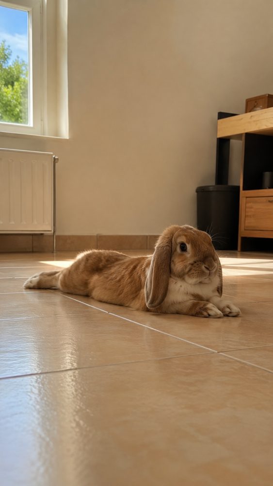 Lapin allongé sur un carrelage frais