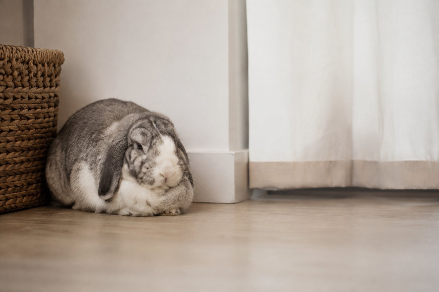 Lapin immobile et ramassé dans un coin de la pièce, posture qui peut traduire une douleur
