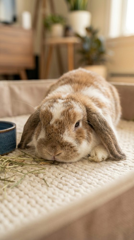 Lapin de compagnie près de sa gamelle et de son foin