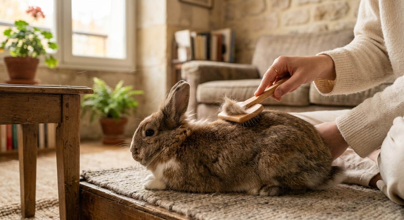 Lapin brossé pendant sa mue d'automne, avec la ligne de démarcation entre ancien et nouveau pelage