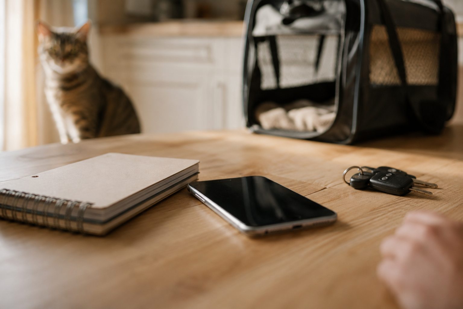 Carnet, téléphone et caisse de transport préparés avant un rendez-vous vétérinaire