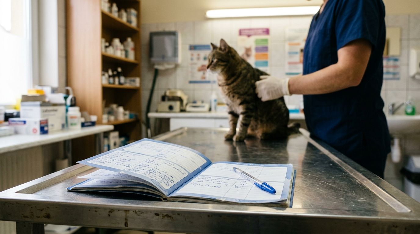 Propriétaire assis face à un vétérinaire, carnet ouvert sur la table de consultation